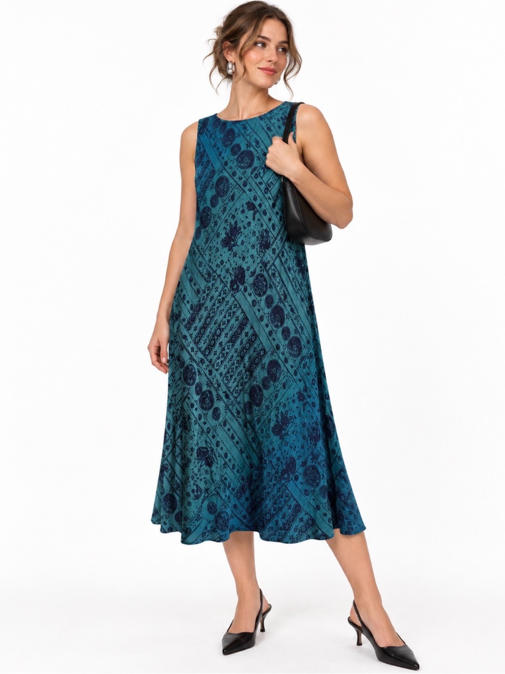 Vintage Carole Little Teal Navy Print Sleeveless Midi Dress Size 16 Made USA